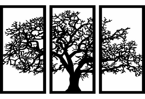 Quadro Decorativo Árvore Da Vida Vazado 3 Peças Preto Mdf