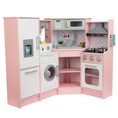 Cocina De Juguete De Madera Con Luz Y Sonido | Cocinita Modular Esquinada | Cocina Infantil Con Microondas, Refrigerador, Estufa, Lavabo Y Lavadora | Cocina Para Niños Y Niñas Teach Play |color Rosa