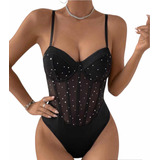 Body Strass Sexy Shines Bretel Regulable Armado Negro Mujer