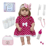 Boneca Reborn Grande 100% Vinil Siliconado Vestido Bolinha