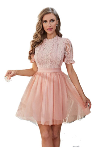 Vestido Corto Rosa Tul Encaje Elegante Fiesta Boda Dama Baut