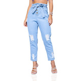 Calça Jogger Jeans Feminina Destroyed Cintura Alta