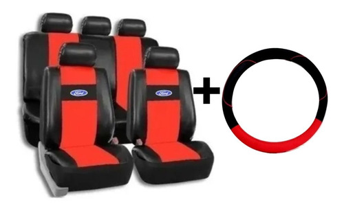 Combo Funda De Asiento Para Ford Roja Y Cubre Volante Rojo