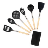 Set X6 Utensilios Nylon C/ Mango De Madera Negro+ Contenedor