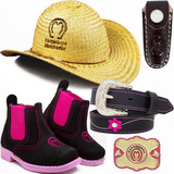 Kit Infantil Feminino Bota Chapeu Palha Cinto Fivela Bainha