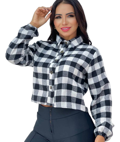 Blusinha Cropped Xadrez Flanelado Manga Longa Com Elástico