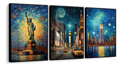 Kit 3 Quadros Decorativos Nova York Cidade Moldura E Vidro