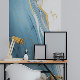 Papel De Parede Painel 3d Mármore Branco Azul E Ouro 1m