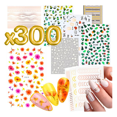 Hojas Pegatinas Calcomanías Decoración Uñas Nails Sticker 300 Pegatinas Surtidas