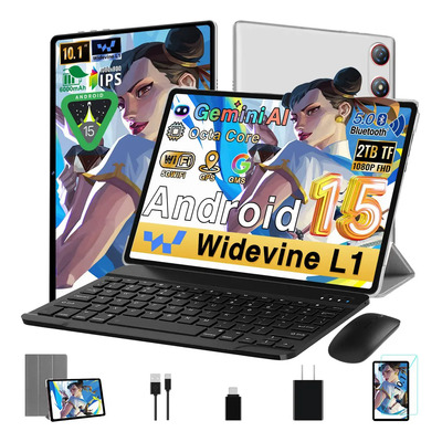 Tablet Android 15 10,1 Con Gemini Ai, 30 GB De Ram 2TB TF, 8 Núcleos, Facial Id,GPS, Tableta Pantalla Ips Hd Wifi 5g, Función De Pantalla Dividida, Widevine L1 3 En 1 Tablet Con Teclado,ratón-Plateado | Meses sin interés