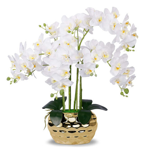 Orquídea Artificial En Jarrón Dorado, Orquídea Blanca