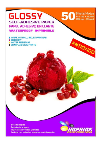 Papel Adhesivo Glossy Antioxido R4 10x15 50 Hojas Imprink
