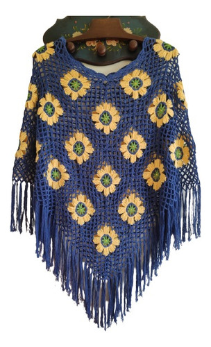 Poncho Tejido A Crochet,  Algodón, Azul Flores Amarillas