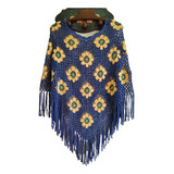 Poncho Tejido A Crochet,  Algodón, Azul Flores Amarillas