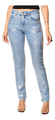 Calça Jeans Feminina Reta Metalizada Foil Prata Sawary 