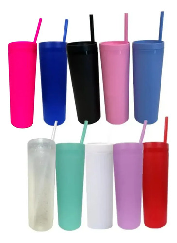 200 Vasos Crush Skinny Con Popote 20oz Una Pared Plastico