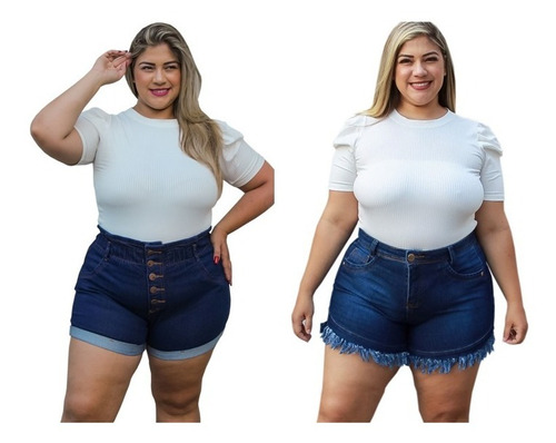 Kit 2 Shorts Femininos Jeans Com Lycra Roupa Plus Size Verão