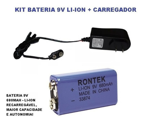 Kit Bateria 9v 680mah Li-ion + Carregador 9v Li-ion 