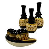 Jogo Ceramica Decorativo Centro Mesa Sala Enfeite Conjunto Cor Cristal Preto Mármore