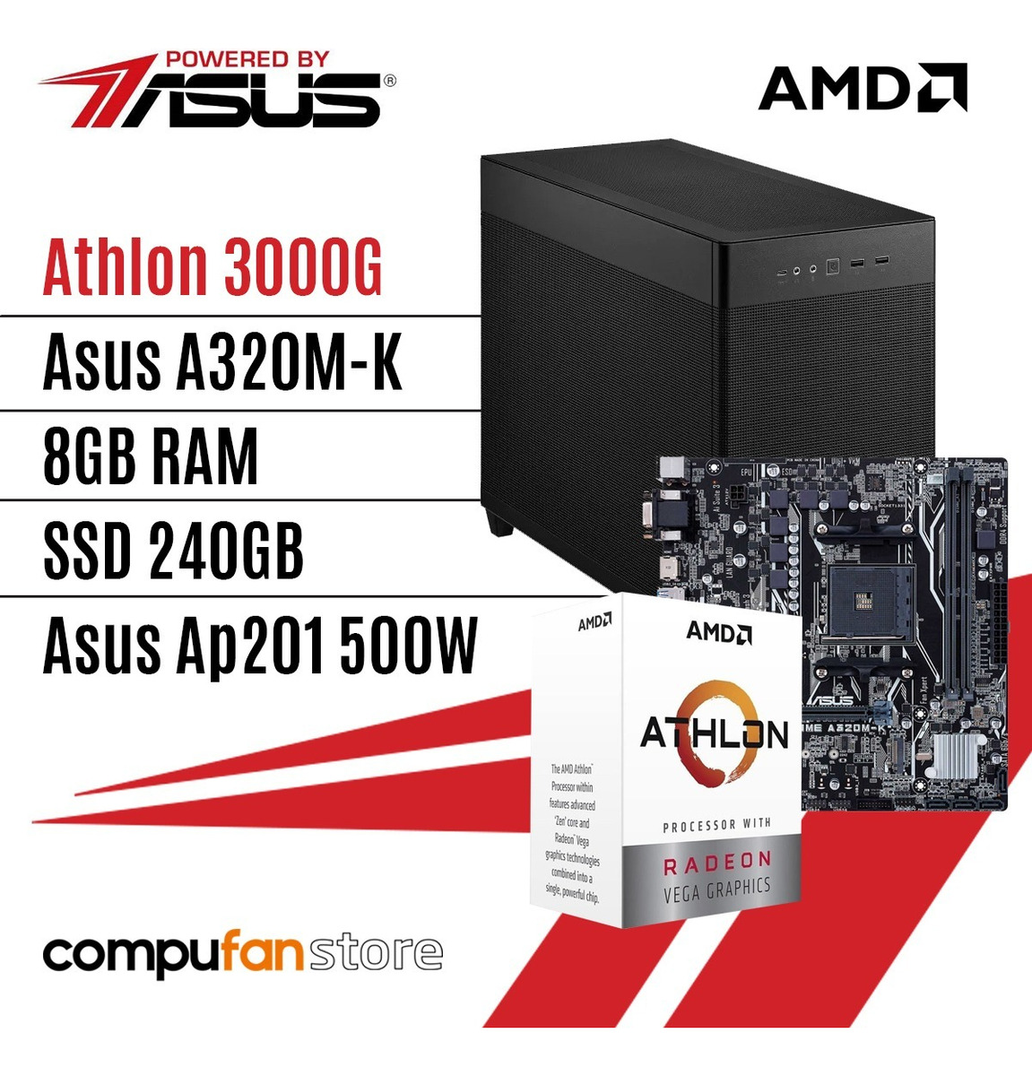 Pc Powered By Asus Athlon 3000g A320 8gb Ssd 240gb Ap201 500w