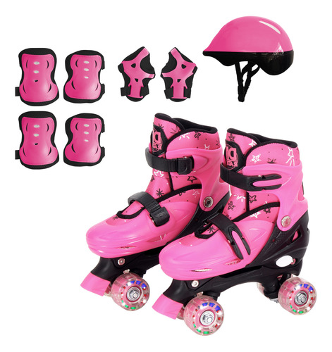 Patins Infantil Rosa Pink Kit Completo 4 Rodas Freio Luz Led