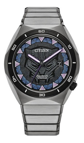 Reloj Citizen Marvel Black Panther Aw1668-50w Time Square Color De La Correa Plateado Color Del Bisel Plateado Color Del Fondo Negro