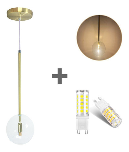 Luminária Pendente Lux Dourado Esfera Vidro + Led Brinde