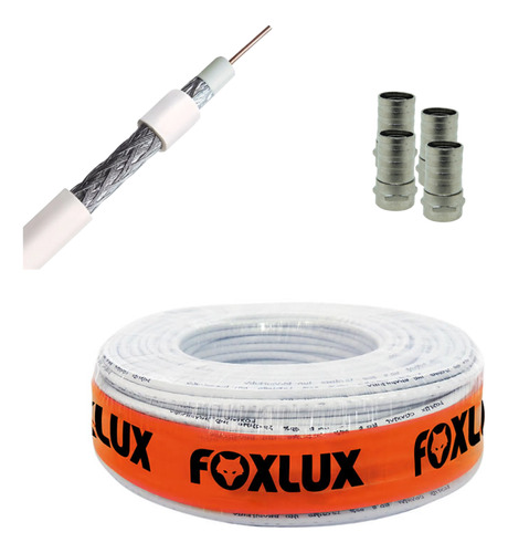 Cabo Coaxial Rg6 95% 100m Antena Tv Mais 4 Conectores Foxlux