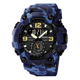 Reloj Pulsera Skmei 1637 De Cuerpo Color Camuflado Azul, Analógico-digital, Para Hombre, Fondo Negro, Con Correa De Poliuretano Color Camuflado Azul, Agujas Color Verde, Negro Y Blanco, Dial Amarillo 