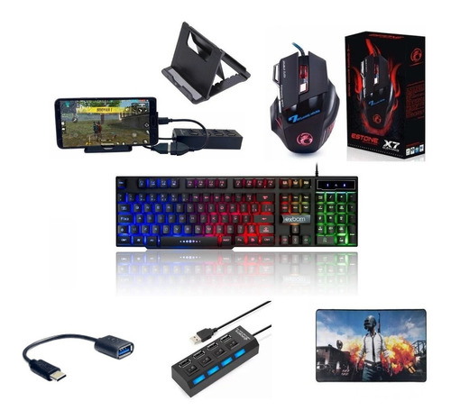 Kit Gamer Teclado E Mouse Rgb Para Celular V8 E Tipo-c