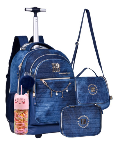 Kit Mochila Rodinha Jeans Rb Rebecca Bonbon + Brinde