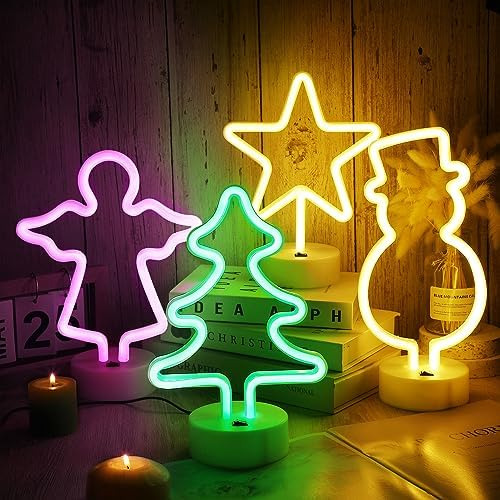 4 Letreros Led De Neon De Navidad Con Base De Soporte Muñeco