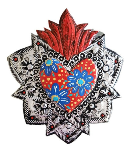 Corazón Mexicano Repujado En Aluminio Y Pintado A Mano. Rojo