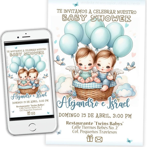 Invitacion Baby Shower Gemelos Digital Personalizada