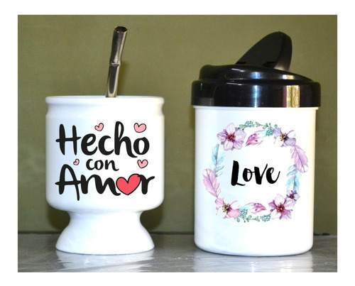 Set Mate Con Bombilla Y Yerbera - Amor, Flores , Mariposas