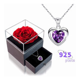 Collar De Corazón De 925 Plata  Para Mujer Y Caja De Rosas