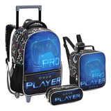 Kit Mochila Rodinha Lancheira Estojo Vídeo Game Pro Player