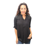 Blusa Negra Broderie Abotonada Algodon Importada 