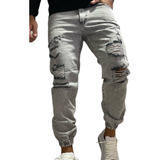 Jogger Jean Mom Roturas Gris Pantalon Hombre Premium