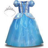Vestido Princesa Infantil Longo Azul Menina + Tiara Rainha