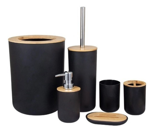 Kit De Banheiro Lixeira Saboneteira Preto C/ Bambu 6 Peças