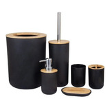 Kit De Banheiro Lixeira Saboneteira Preto C/ Bambu 6 Peças