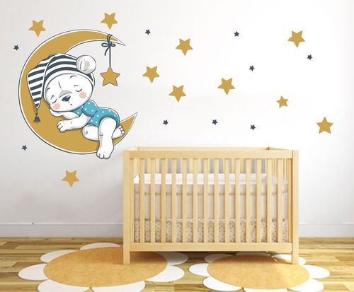 Vinilo Pared Infantiles Nene Luna Oso Decoración 