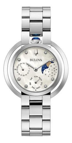 Reloj Bulova Rubaiyat Diamonds 96p213, Correa Con Fases Lunares, Color Plateado