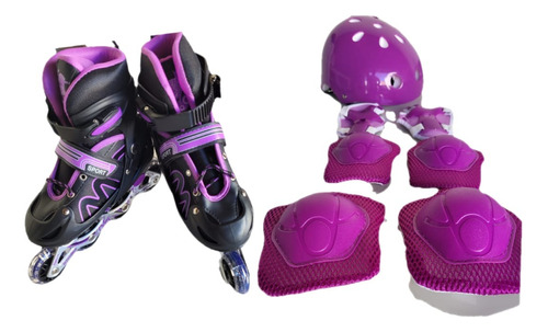 Patins Inline Infantil 4 Rodas Com Led  C Kit Protecão