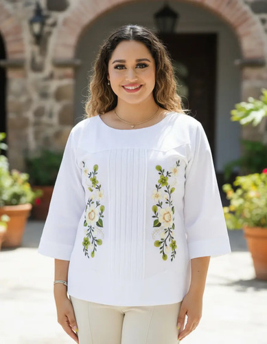 Blusa Guayabera Yucateca Bordado Artesanal Lino Eva. Mayakim