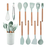 Kit Com 12 Utensílios De Cozinha Em Silicone Cabo De Madeira