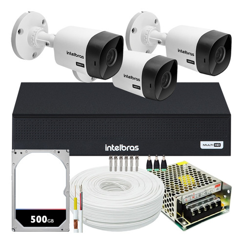 Kit Cftv Monitoramento 3 Cameras Intelbras Vhc 1120 Hd 500gb