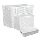 Kit 3 Caixas Rattan Organizadora 70, 25 E 10 Litros C/ Tampa Cor Branco