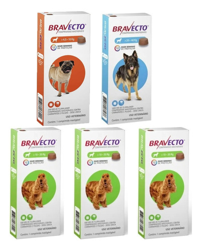 Bravecto: 01 - 4,5 A 10kg + 03 - 10 A 20kg + 01 - 20 A 40kg